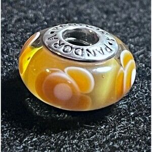 Pandora Retired Yellow ‘Flowers For You’ Murano Glass Bead Charm Silver Core